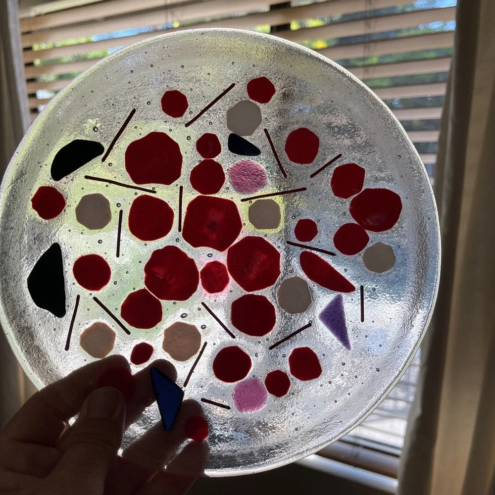 Vintage‎ Studio Art Glass Plate Abstract Geometric Fused Iridescent Red Cobalt
